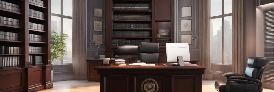 Escritório de advocacia moderno com tela de computador exibindo e-mail com selo de certificação digital, cercado por livros jurídicos e caneta prateada.