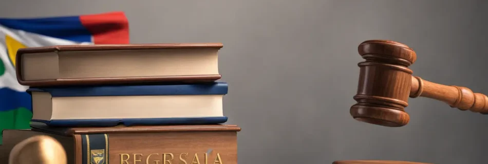 Escritório moderno com computador exibindo documento sobre marca registrada, livros jurídicos, martelo de juiz e bandeira do Brasil ao fundo.