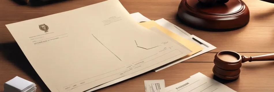 Escritório de advocacia com laptop exibindo notificação do Telegram ao lado de envelope tradicional, com martelo de juiz e documentos jurídicos.