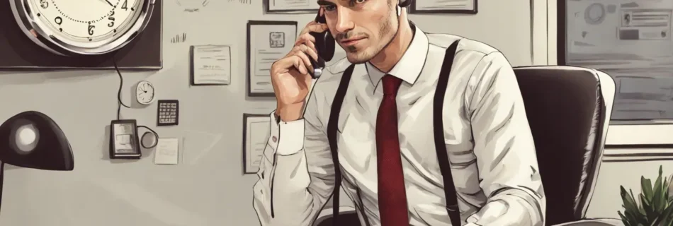 Profissional de negócios em um escritório, segurando um telefone, com um monitor exibindo um painel de atendimento ao cliente e um relógio ao fundo.