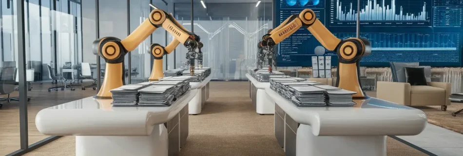 Robotic arms organizando documentos em mesas brancas em um escritório de advocacia moderno com janelas de vidro.