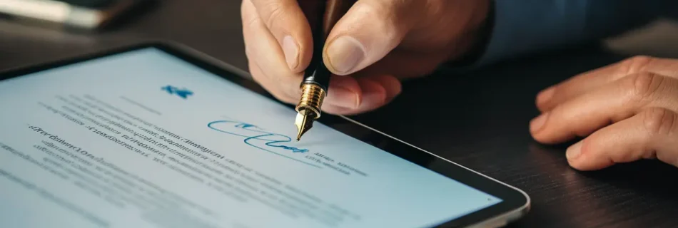 Close-up de caneta assinando documento digital em tablet com tinta azul em mesa de madeira escura.
