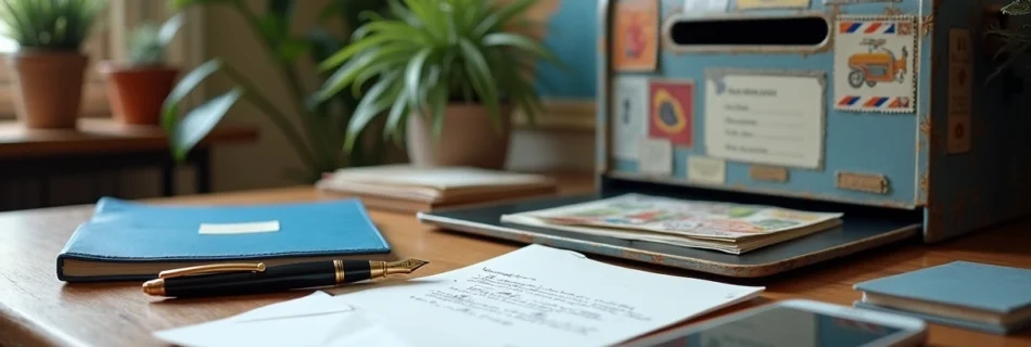 Escritório elegante com mesa de madeira organizada, caneta, envelopes e caixa postal destacando envio de documentos.