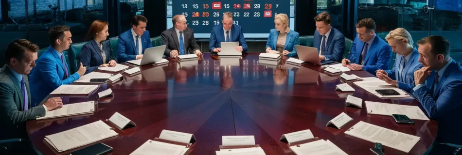 Executivos em torno de mesa com documentos e laptops, tela digital mostrando calendário e notificações.