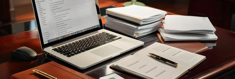 Close-up of a modern lawyer's desk with a laptop, legal documents, a pen, a smartphone, and a lamp.