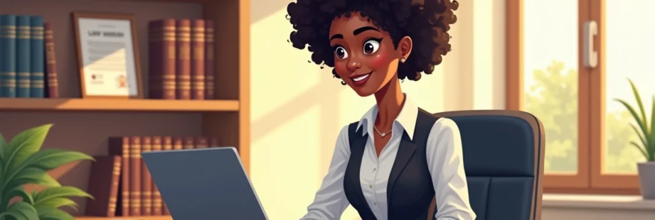 Advogada em escritório moderno, fazendo videochamada com cliente, decorado com livros e diplomas.