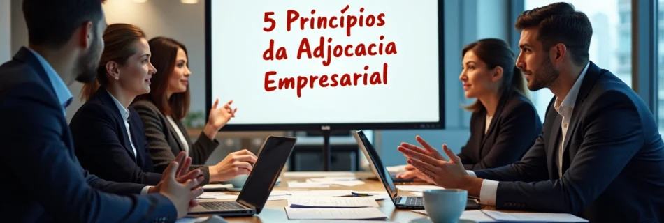 Grupo diversificado de profissionais discutindo princípios da advocacia empresarial em um escritório moderno.