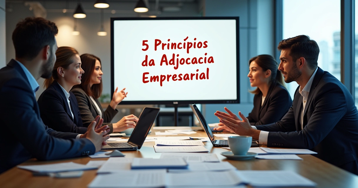 Grupo diversificado de profissionais discutindo princípios da advocacia empresarial em um escritório moderno.