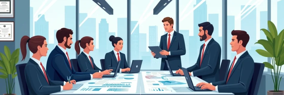 Ilustração de um escritório de advocacia moderno com advogados colaborando em torno de uma mesa digital.