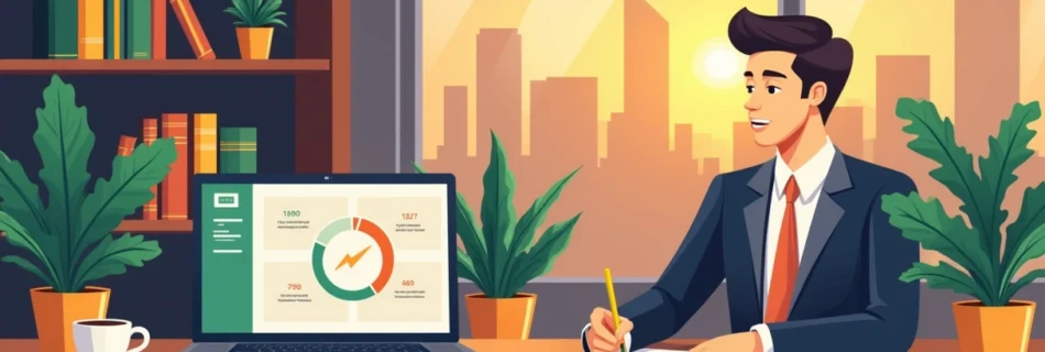 Ambiente de escritório de advogado com laptop, mesa organizada e vista da cidade ao fundo.