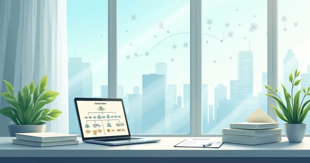 Ilustração de um escritório representando o uso de uma holding no planejamento sucessório com documentos e laptop.