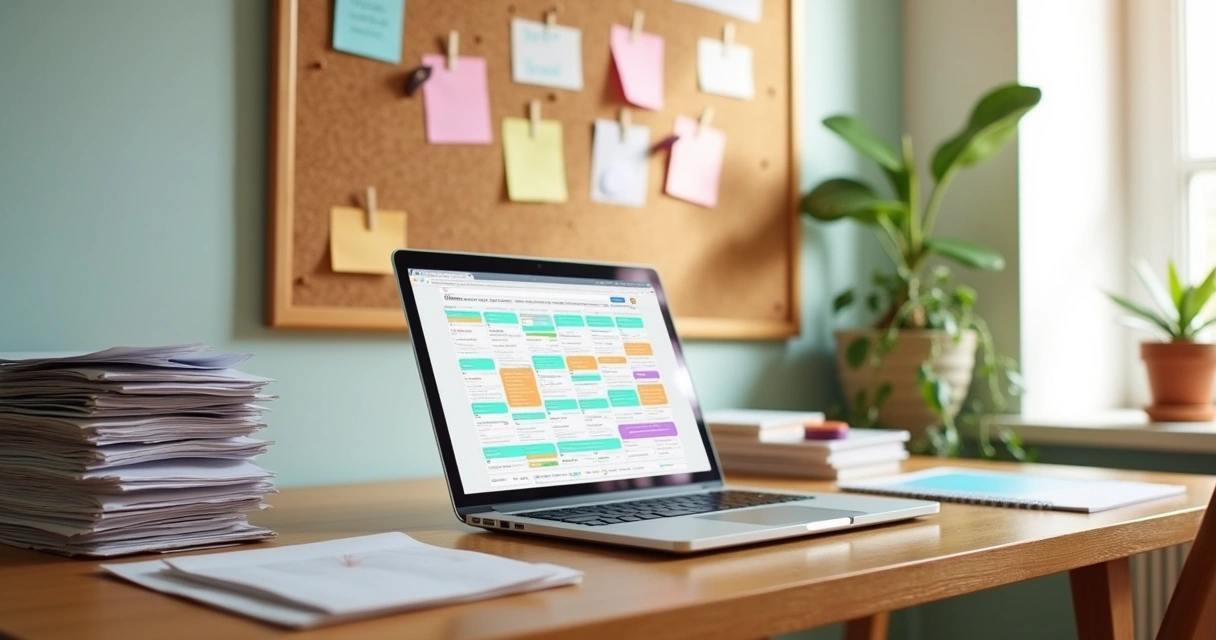 Escritório em casa com mesa organizada, cartas, e plantas, criando um ambiente acolhedor e produtivo.