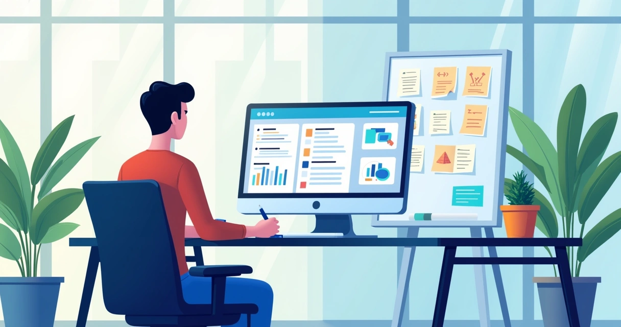 Espaço de trabalho moderno com profissional usando a API da Escrybe. Escritório iluminado e organizado.