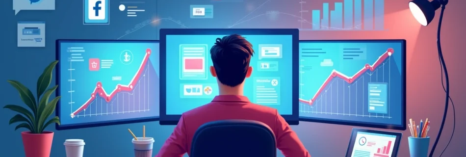 Ilustração de um especialista em marketing digital com várias telas mostrando plataformas online e gráficos de crescimento.