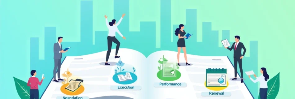 Ilustração das fases do ciclo de contratos, incluindo negociação, execução, desempenho e renovação.