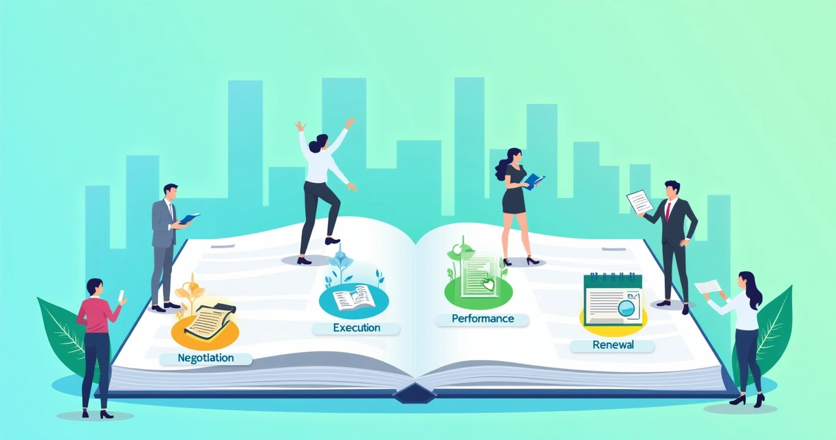 Ilustração das fases do ciclo de contratos, incluindo negociação, execução, desempenho e renovação.