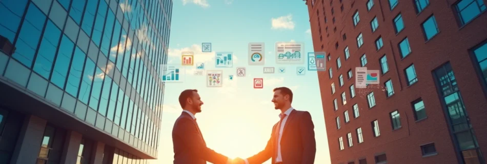Representação artística de uma fusão empresarial com prédios, pessoas de negócios e ícones digitais.