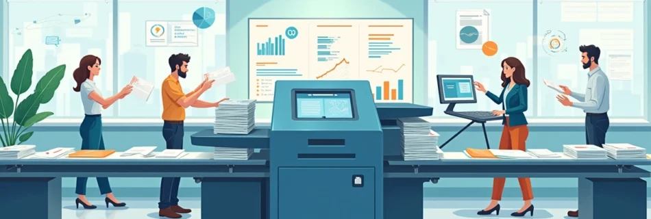 Ilustração de uma máquina de triagem automática de correspondências em um escritório moderno com colaboradores.