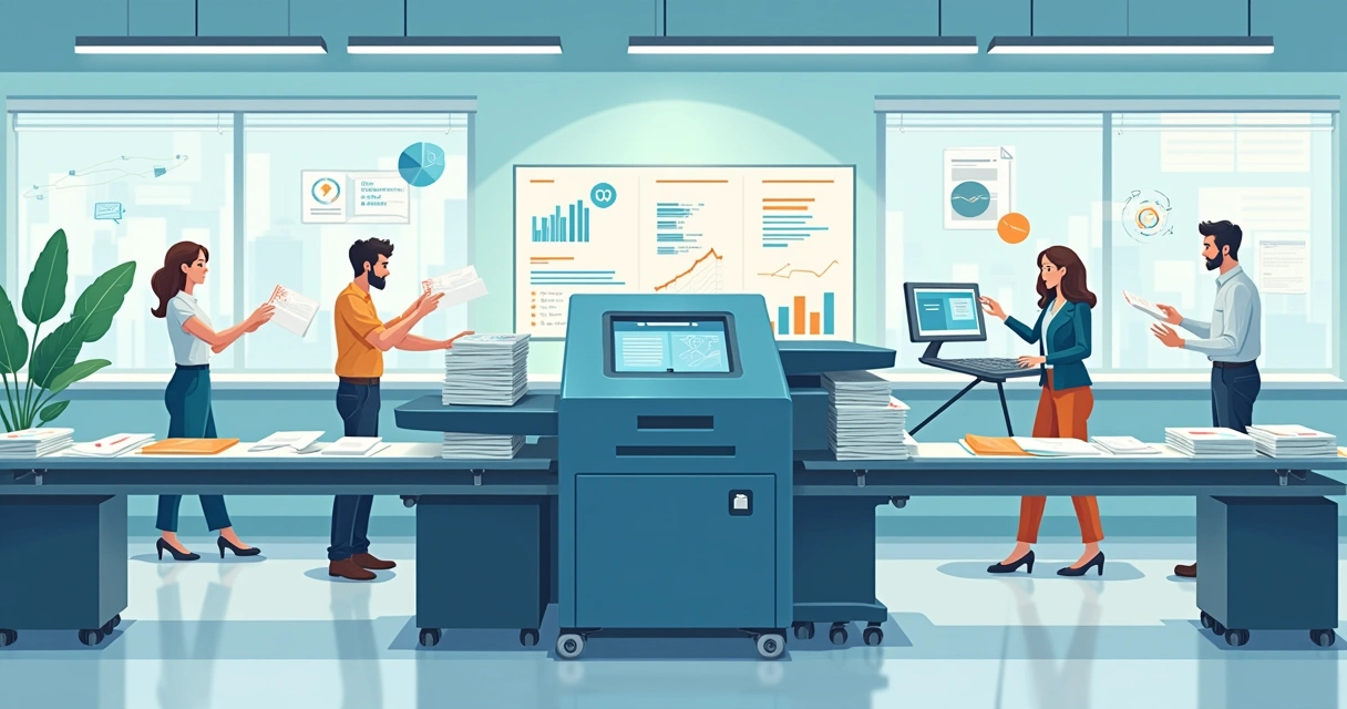 Ilustração de uma máquina de triagem automática de correspondências em um escritório moderno com colaboradores.