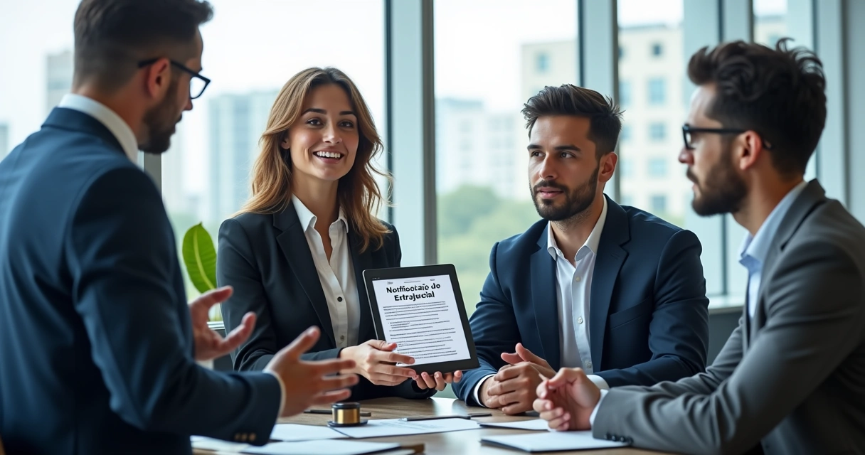 Reunião em escritório sobre Notificação Extrajudicial, com documentos e profissionais discutindo.