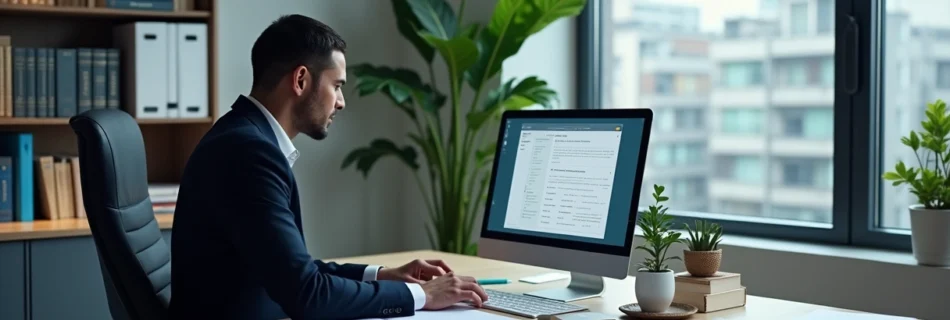 Escritório moderno de advocacia com advogado usando software de automação em uma mesa organizada.