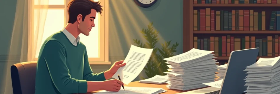 Pessoa lendo uma notificação extrajudicial em uma mesa cheia de documentos e ferramentas de escrita.