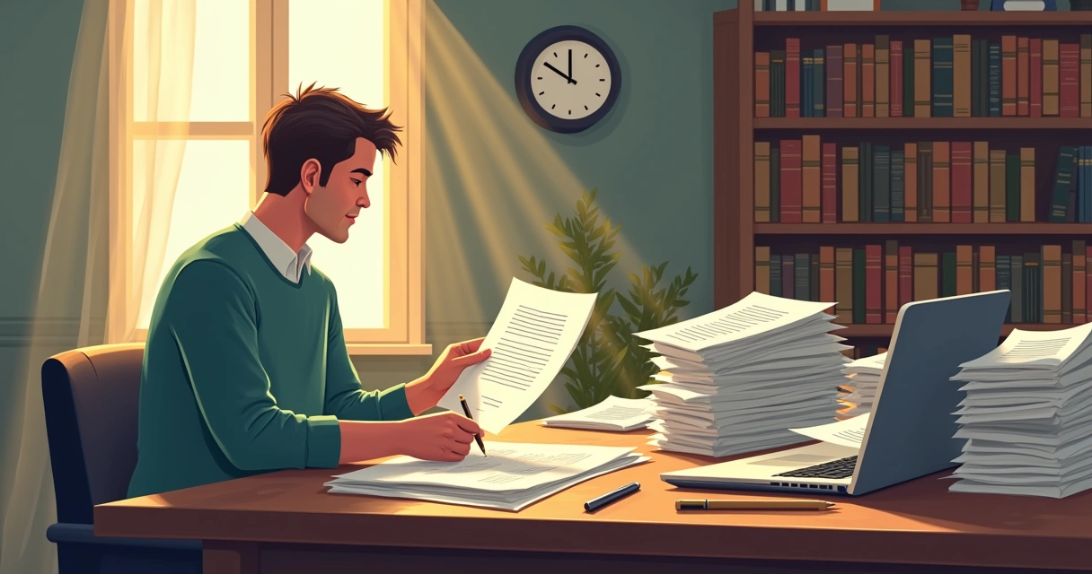 Pessoa lendo uma notificação extrajudicial em uma mesa cheia de documentos e ferramentas de escrita.