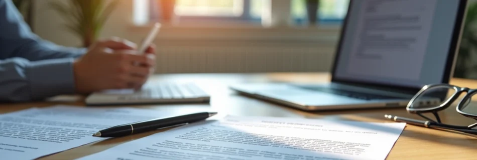 Mesa de escritório com várias cartas de cobrança organizadas, laptop aberto mostrando modelo de notificação, caneta e óculos sobre a mesa