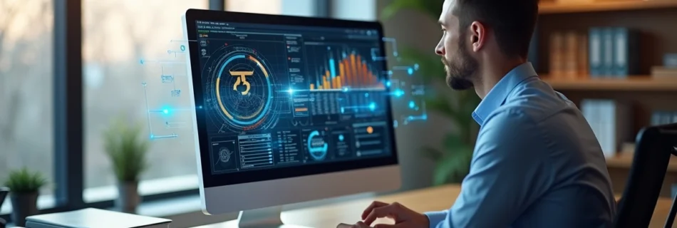 Advogado trabalhando em escritório moderno com computador e gráficos digitais na tela mostrando automação jurídica