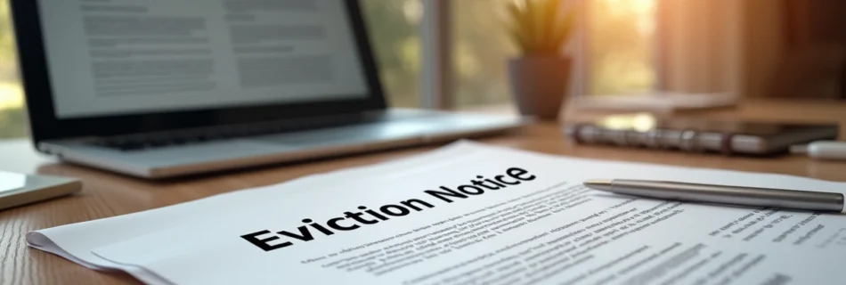 Mesa de escritório com documentos oficiais e notificação de despejo em destaque