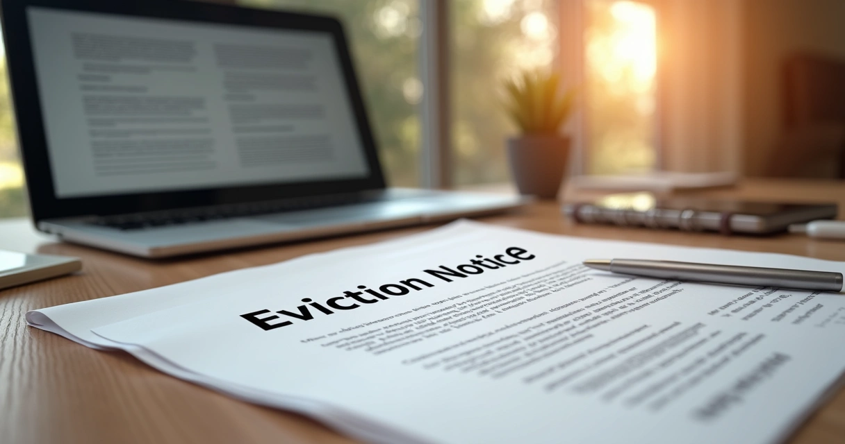 Mesa de escritório com documentos oficiais e notificação de despejo em destaque