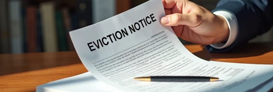 Mão segurando notificação formal em cartório com documento de despejo extrajudicial sobre mesa de madeira clara