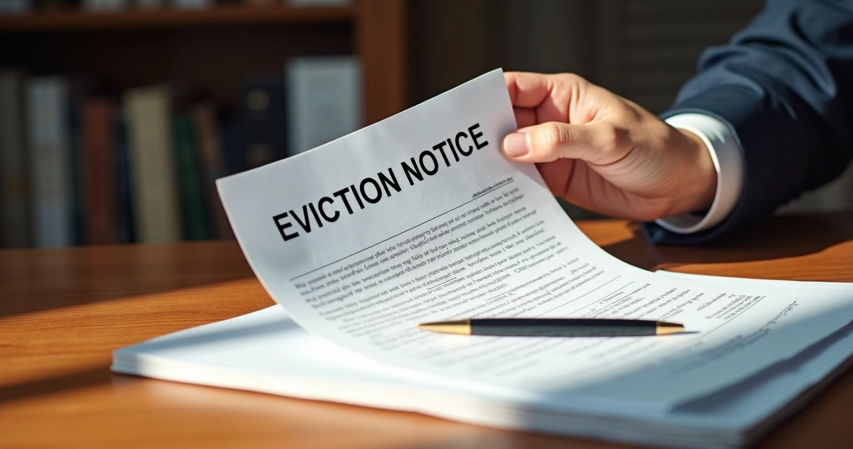 Mão segurando notificação formal em cartório com documento de despejo extrajudicial sobre mesa de madeira clara