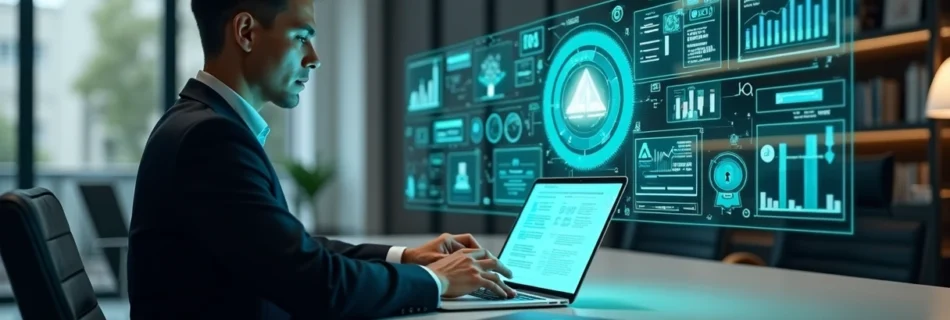 Advogado usando laptop com gráficos digitais e notificações extrajudiciais na tela