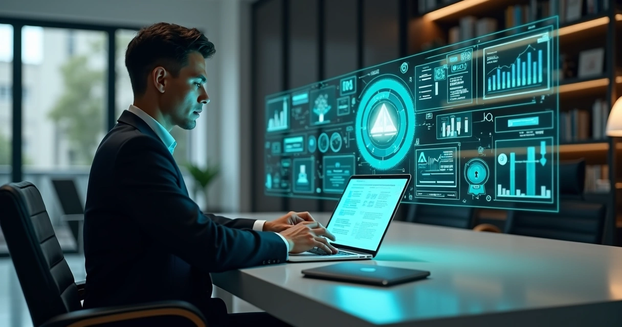 Advogado usando laptop com gráficos digitais e notificações extrajudiciais na tela