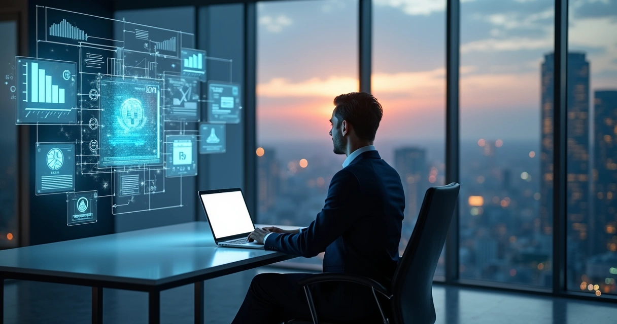 Profissional do direito usando laptop com hologramas digitais jurídicos em ambiente moderno